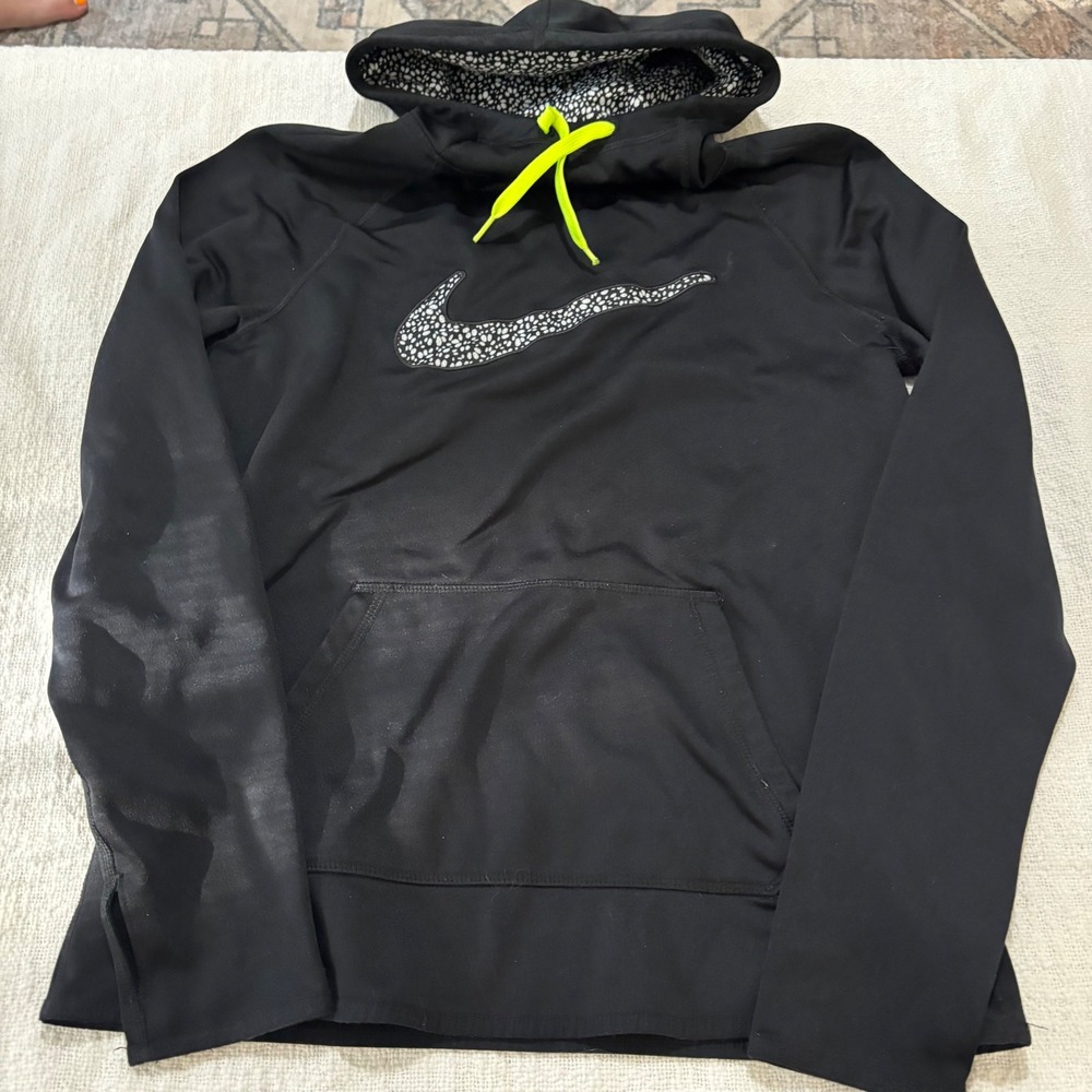 Nike Therma-FIT Hoodie Black Kids Small Elephant Print Swoosh Neon Drawstring